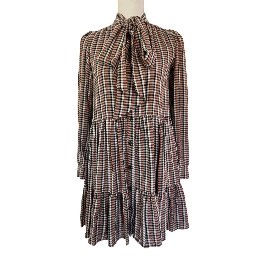 Sezane Selena Tiered Babydoll Mini Dress Size 34‎ XS Gingham Feminine Tie Neck